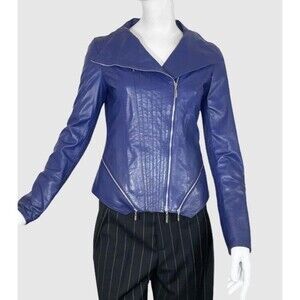 Escada Electric Blue Leather Zip Moto Jacket